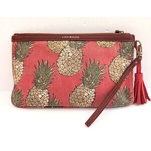 Lucky Brand Wristlet Slim Clutch Bag Tropical Pineapple Print Tassel Charm 10X7